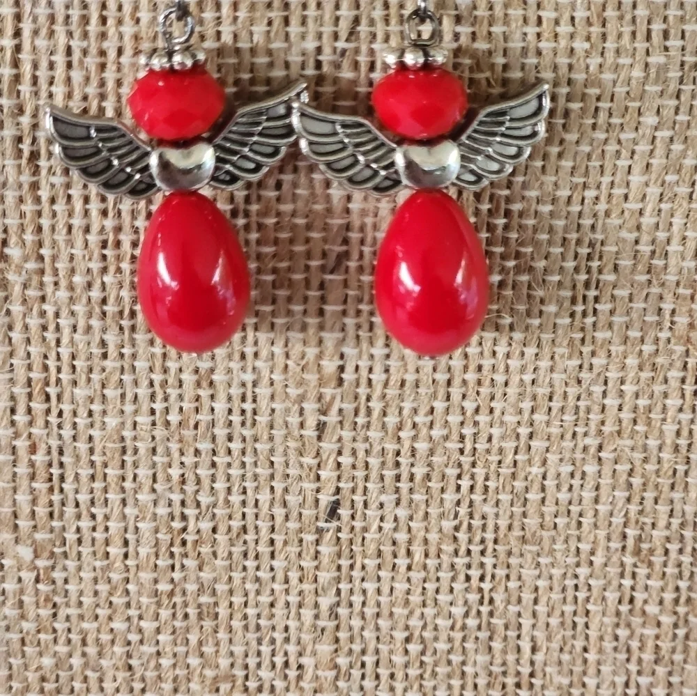 Hand Crafted Angel Earrings Red Silver Pierced Ears